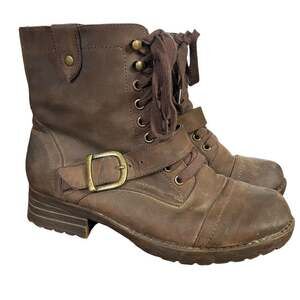 Tara M Teagan Brown Leather Combat Moto Ankle Boots Womens Shoes Booties sz 7
